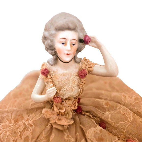 Vintage Dresden Lace Porcelain German Half Doll Pincushion Figurine - Picture 11 of 14